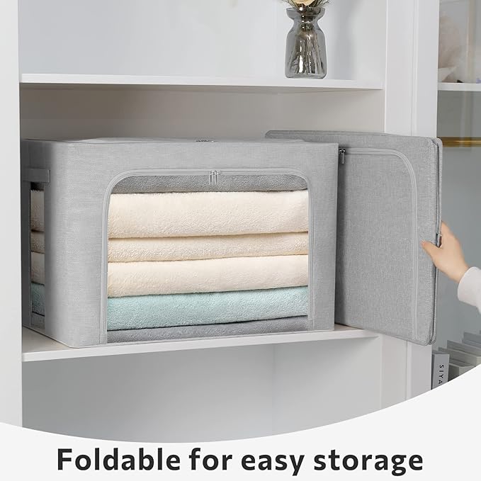 2 Pack Clothes Storage Bins Stackable Metal Frame Storage Box Large Capacity Foldable Linen Fabric Box Organizer with Carrying Handles and Clear Window(Light Gray, 23.6X 16.5X 15.7 Inch)