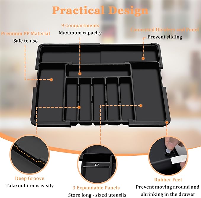 Silverware Organizer Expandable Kitchen Utensil Drawer Organizer Large BPA Free Adjustable Cutlery Silverware Tray for Spoons Forks Knives Storage Divider for Kitchen Flatware 6-9 Slots Black