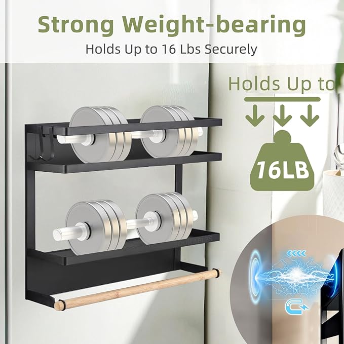 Magnetic Spice Rack for Refrigerator, Kitchen Organizers with Paper Towel Holder for Kitchen Storage, Magnetic Shelf for Fridge, Washer, Coffee maker and More Metal Surface (Black)