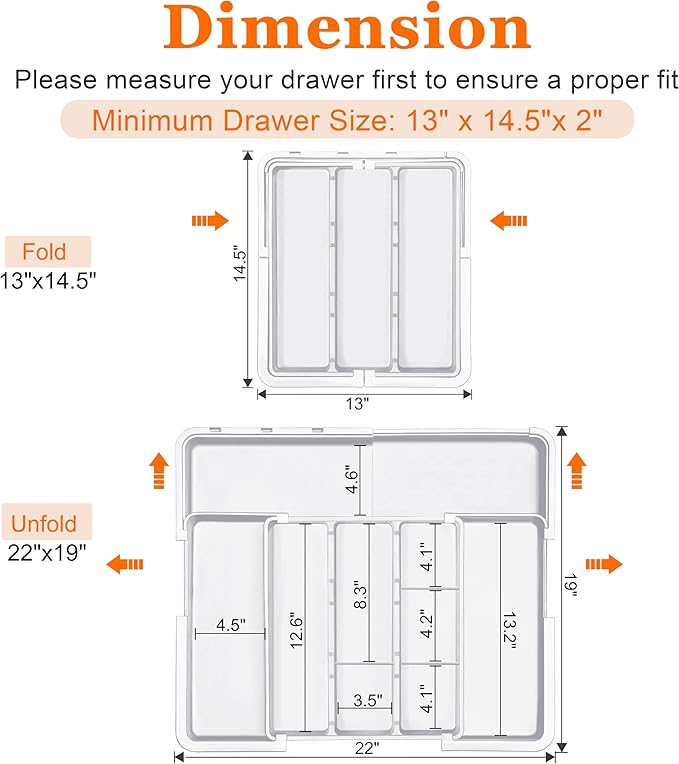 Large Utensil Drawer Organizer Expandable Silverware Organizer for Kitchen Drawer Adjustable Cooking Utensil Holder Cutlery Flatware Tray Spatula Tools Gadgets Storage Dividers Plastic White