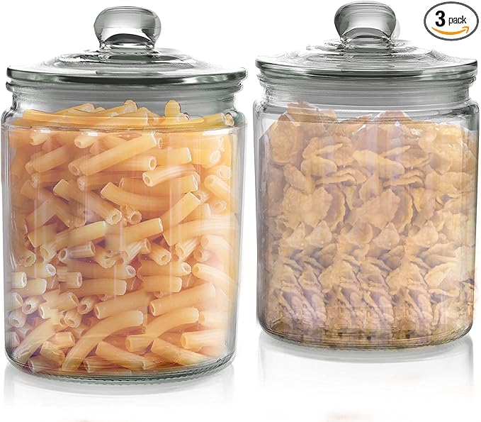 Set of 3 Glass Jar with Lid Airtight Glass Storage Cookie Jar for Flour, Pasta, Candy, Dog Treats, Snacks & More | Glass Organization Canisters for Kitchen & Pantry | 30 Ounces