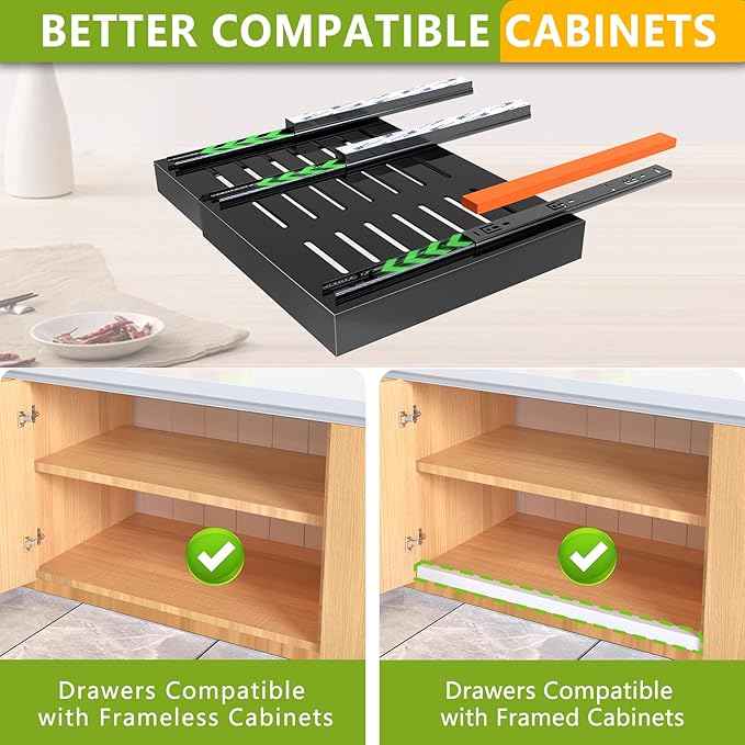 Pull Out Cabinet Organizer 21" Deep Expandable Slide Out Drawer Organizers,No Drill Pull Out Drawers Adhesive with Nano Compatible Framed Cabinets Shelves for Kitchen Pantry Adjustable Width