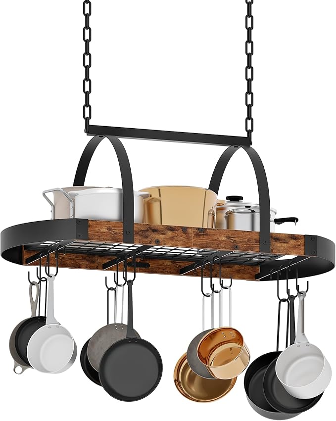 Hanging Pot Rack, Pot Hanger for Kitchen, Ceiling Mounted Pot Holder, Cookware Organizer with 12 S-Shaped Hooks, for Pot, Pan Storage, Space-Saving, Rustic Brown and Black TPR08BFC1