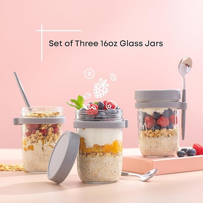 JoyJolt 3-Pack Overnight Oats Containers with Lids and Spoons Set, 16 oz Mason Jars for Overnight Oats, Chia Pudding Jars - BPA-Free, Leak Proof Small Containers for Meal Prep