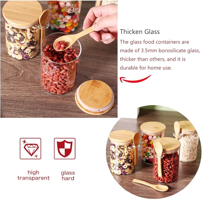Glass Jars with Bamboo Lids and Wooden Spoons Set of 4, Coffee Tea Sugar Container Set for Loose Tea Canister Storage, Overnight Oats Containers with Scoop for Seasoning, Coffee, Yogurt