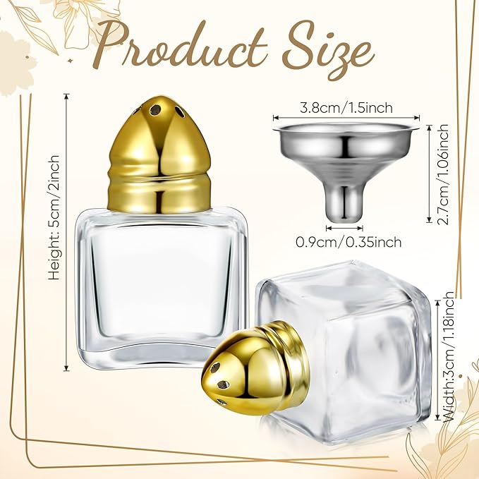 Maxcheck 50 Pcs 0.5 oz Small Cube Shape Salt and Pepper Shakers with Tone Tops Clear Mini Glass Seasoning Jars Spice Salt Shakers with Funnel for Home Wedding Party Restaurant Kitchen (Gold)