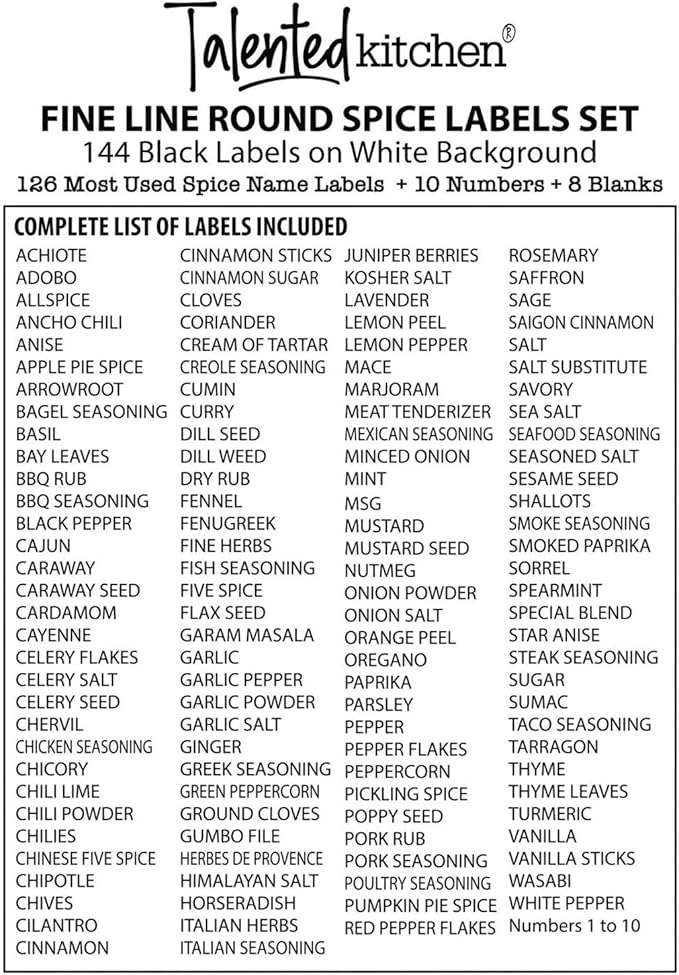 Talented Kitchen 144 Spice Labels Stickers, White Spice Jar Labels Preprinted for Spice Jar Lids, Seasoning Herbs Spice Rack Organization, Water Resistant, Black Minimalist (Round 1.5 in)