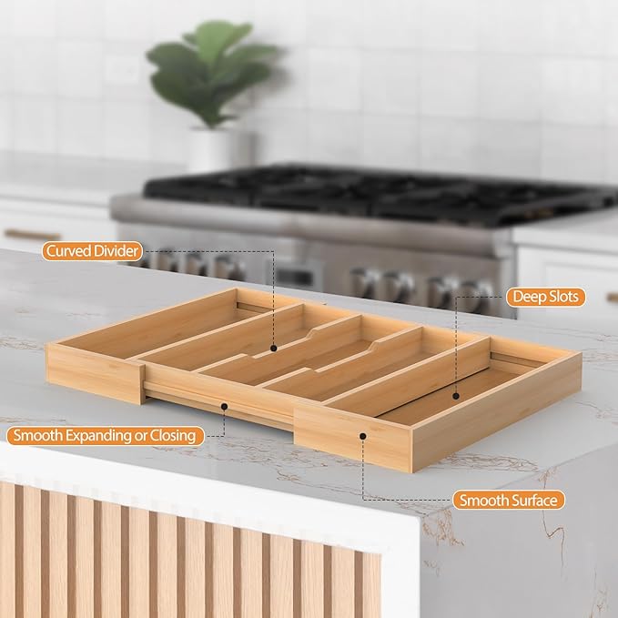 Bamboo Expandable Kitchen Drawer Organizer, 13" to 23" Adjustable Utensils and Cutlery Tray, Wood Drawer Organizer for Silverware Flatware