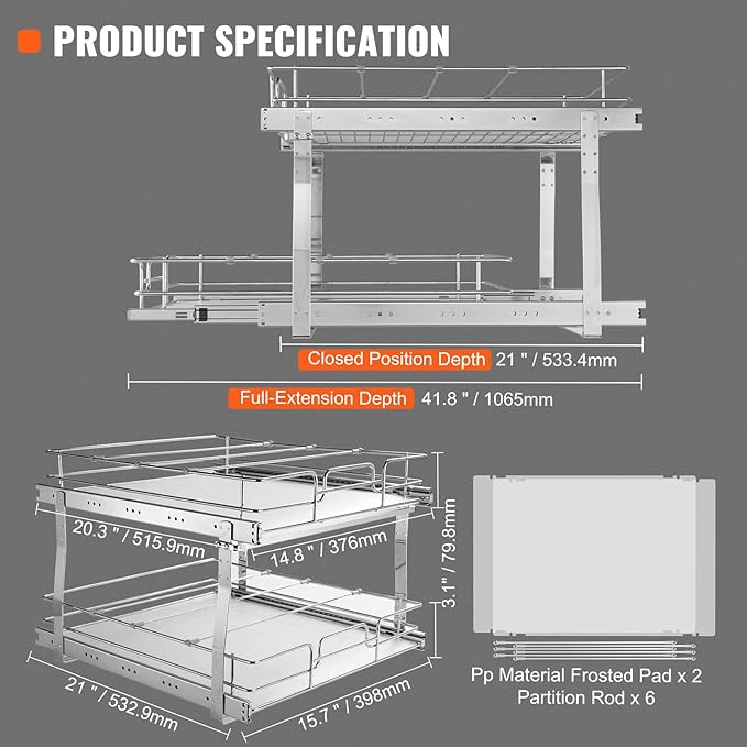VEVOR 2 Tier 17"Wx21"Dx15"H Pull Out Cabinet Organizer, Heavy Duty Slide Out Pantry Shelves, Chrome-Plated Steel Roll Out Drawers, Sliding Drawer Storage, 18.5"Wx22"Dx18"H Install Size for Cabinet