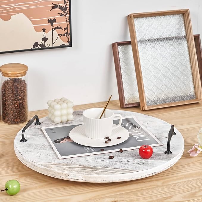 Wooden Lazy Susan for Table Turntable Organizer 18 Inch Large Lazy Susan Whitewashed Wood Serving Tray for Pantry Cabinet Countertop Round Spins Balanced Pine Spice Rack for Kitchen Essentials Storage