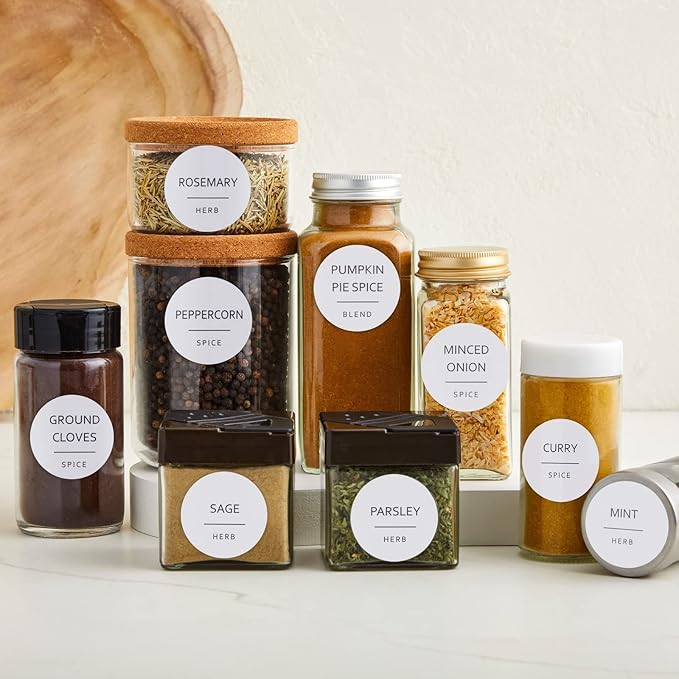 Talented Kitchen 144 Spice Labels Stickers, White Spice Jar Labels Preprinted for Spice Jar Lids, Seasoning Herbs Spice Rack Organization, Water Resistant, Black Minimalist (Round 1.5 in)