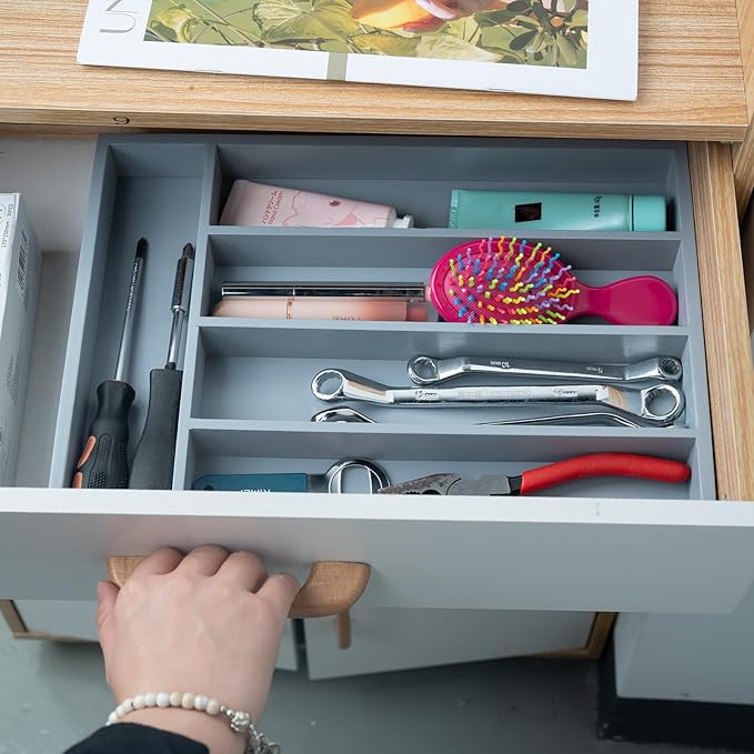 Silverware Organizer Bamboo Kitchen Drawer Organizer, Flatware Organizer Tray for Kitchen, Flatware, Utensils(Gray)
