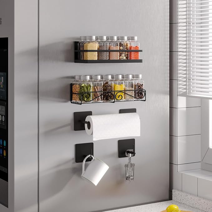 Thipoten Magnetic Spice Rack for Refrigerator, 4 Pack Strong Magnetic Shelf for Spices, Jars, Bottles, Perfect Space Saver for Small Kitchen/Apartment (Black, 4pack)