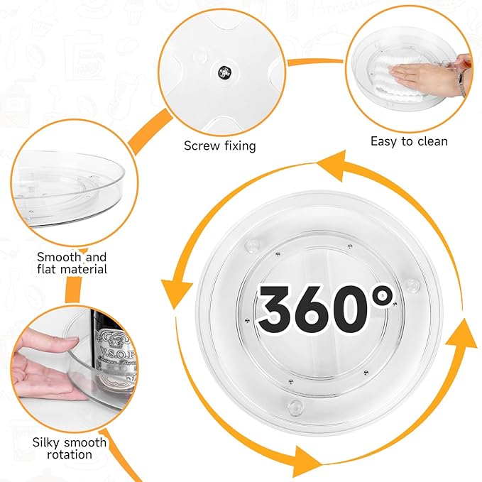 YXT&BEYOND 2 Pack Acrylic Lazy Susan Organizer, 9.25+10.6 Inch Lazy Susan Clear Turntable for Cabinet, 360° Rotating Spice Rack for Kitchen, Cupboard, Pantry, Fridge, Countertop, Bathroom, Table