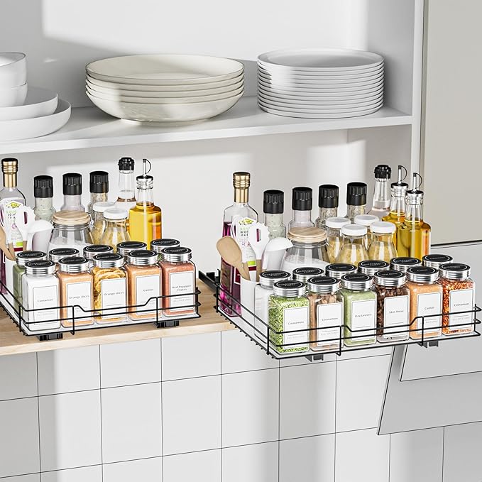 Spice Rack Organizer for Cabinet, Pull Out Spice Rack for Cabinet, Seasoning Organizer for Kitchen and Pantry, Fits Spices, Sauces, Canned Food (12.5''Wx10.5''Dx2.5''H)
