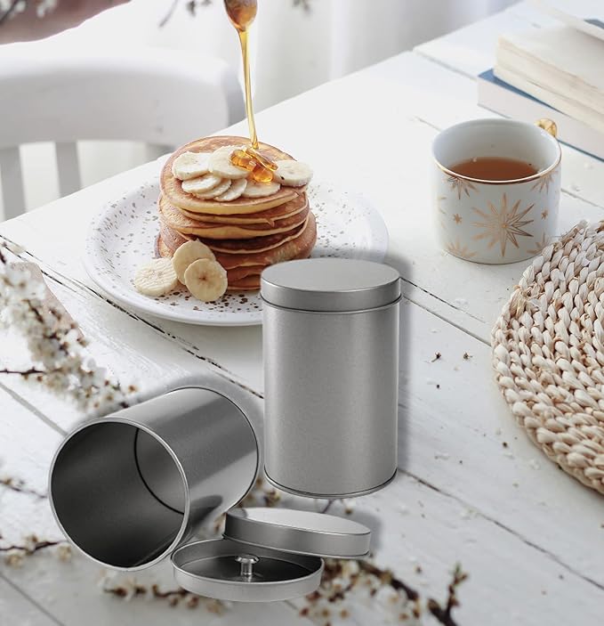 Yesland 6 Pack Tea Tin Canister with Airtight Double Lids, 12 Fluid Oz Tin Can Box and Small Round Kitchen Canisters for Loose Tea, Coffee, Candy, Herbs and Spices(Silver)