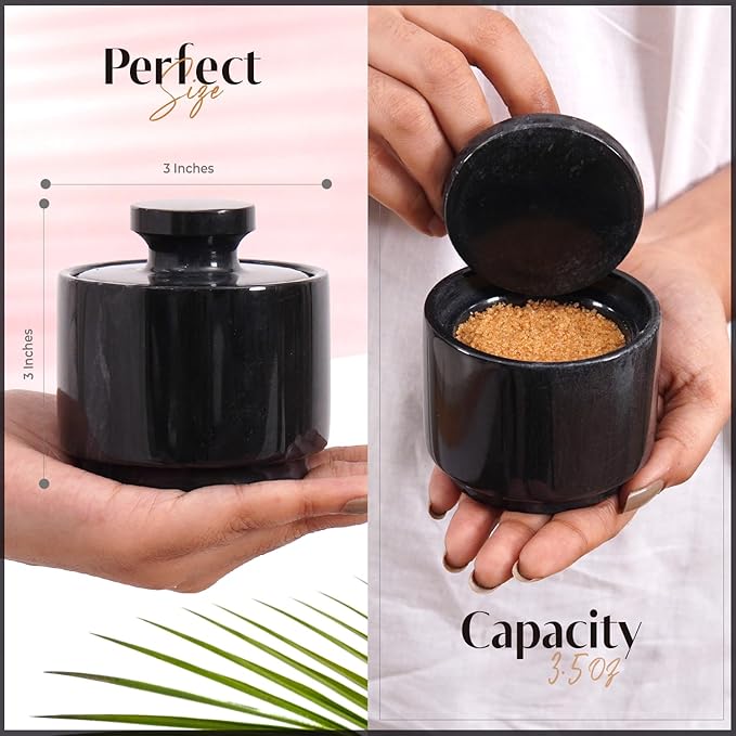 Marble Salt Cellar with Lid 3" Inch Black Spice Jar & Stone Salt Container For kitchen Countertop, Modern Sugar Bowl