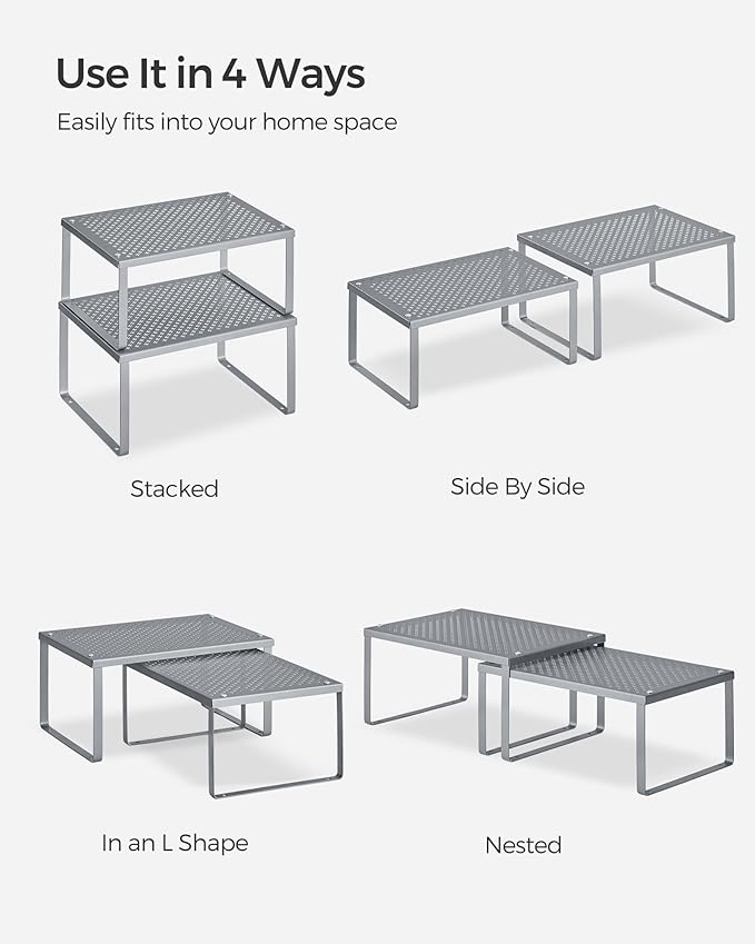 SONGMICS Spice Racks, Set of 2 Metal Cabinet Shelf Organizers, Countertop Organizers, Shelf Risers, Stackable, Expandable, Silver UKCS01SV