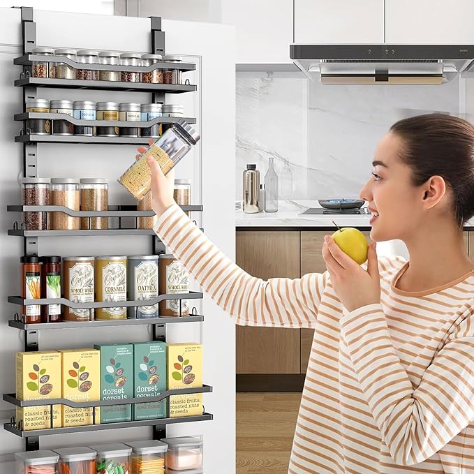 Over The Door Pantry Organizer, 6-Tier Over The Door Organizer with Adjustable Baskets, Metal Hanging Spice Rack for Pantry Organizers and Storage, Suitable for Kitchen Laundry Room & Bathroom, Black