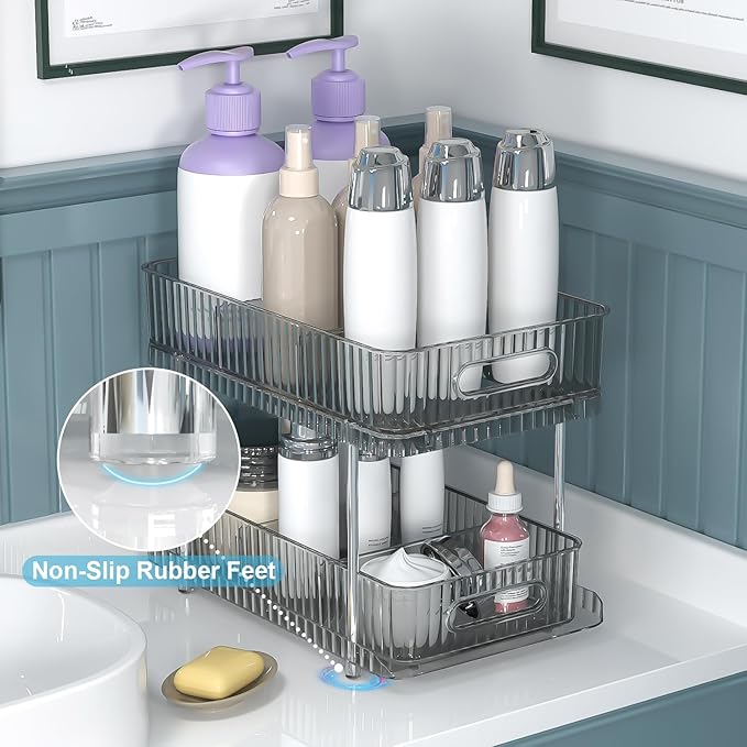 Fowooyeen Bathroom Cabinet Organizer, 2 Tier Pull Out Under Sink Organizers and Storage, Multi-Purpose Kitchen Pantry Medicine Organization and Storage Shelves Bins with Movable Dividers Grey