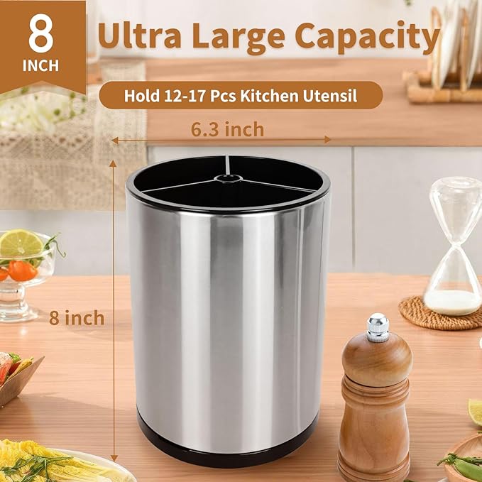 360° Rotating Kitchen Utensil Holder - Extra Large Stainless Steel Cooking Utensil Holder for Countertop, 3 Compartment Flatware Organizer & Cooking Caddy with Removable Base(Silvery)