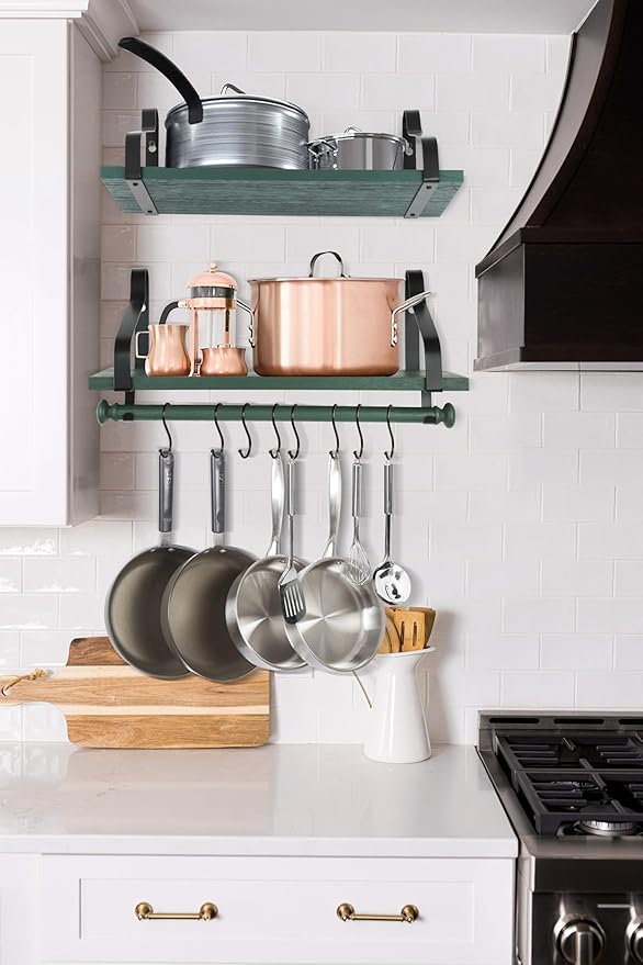 Gurfury Wooden Hanging Pot Rack with 8 hooks - Farmhouse Style Wall Mount Multifunctional Cookware Organizer Rack Kitchen Storage for Pans Utensils (Green)