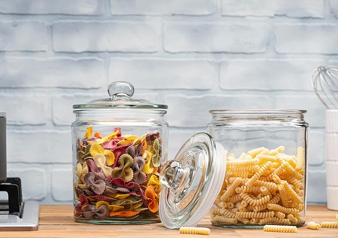 1 Gallon Glass Cookie Jars + Labels & Marker - Set of 2 Canister Sets for Kitchen Counter with Airtight Lids, Sugar Packet Holders Food Storage Containers with Lids Airtight for Pantry, Flour, Sugar,
