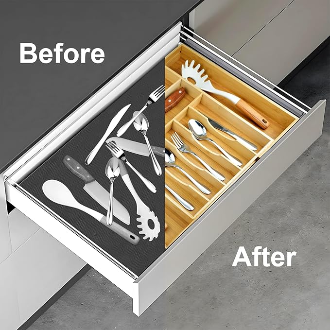 Expandable Drawer Organizer for Silverware Flatware Knives, Kitchen Utensil Organizer, Utensil Holder, Bamboo Wood Cutlery Tray in Drawer for Spoons Forks