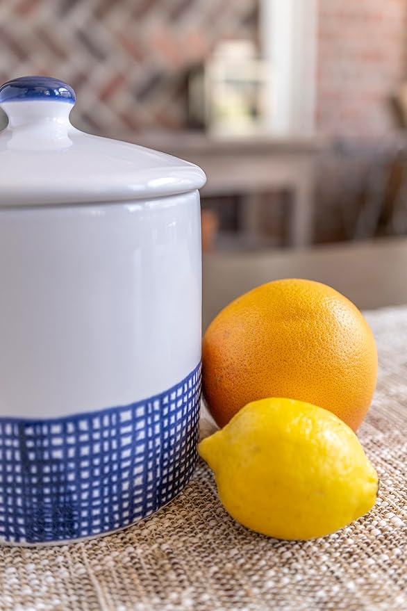 Vietri Viva Santorini Geo Medium Canister Stylish Ceramic Earthenware Kitchen Storage Jar with Lid 6.5 Inch Blue White