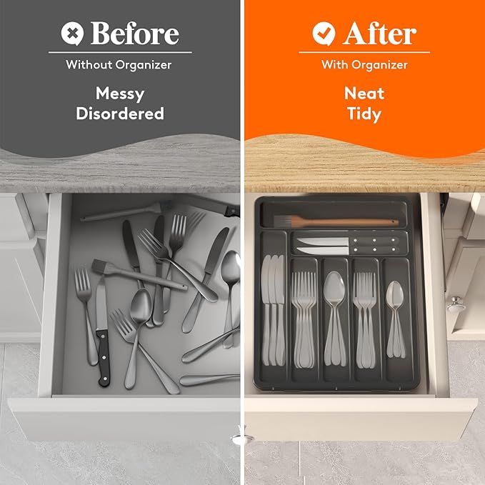 Lifewit Silverware Organizer with Lid, Covered Utensil Tray for Kitchen Drawer and Countertop, Plastic Cutlery and Flatware Storage Box for Spoons Forks Knives Holder Case, 7 Compartments, Black