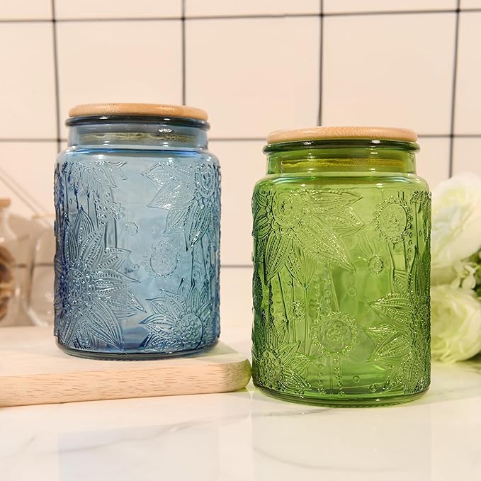 Glass Storage Jars With Airtight Lid, 23.7oz Canister For Kitchen Counter with Bamboo Lid, brown sugar, candy, coffee, cookie, salt, tea,pantry cute Jar (Green 2-Pack, 23.7 fl oz)