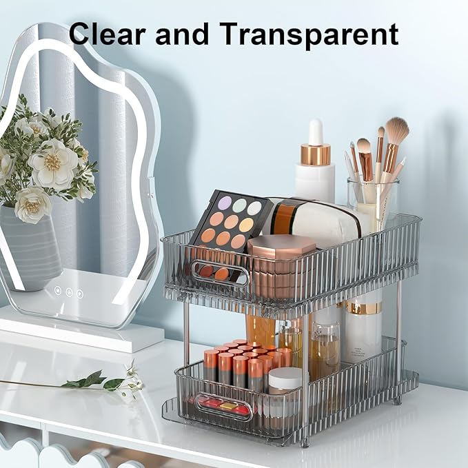 Fowooyeen Bathroom Cabinet Organizer, 2 Tier Pull Out Under Sink Organizers and Storage, Multi-Purpose Kitchen Pantry Medicine Organization and Storage Shelves Bins with Movable Dividers Grey