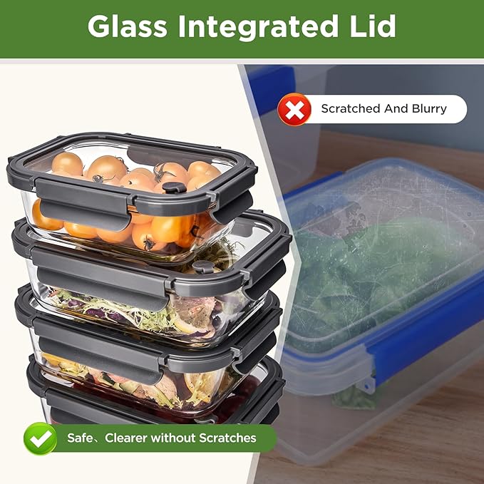 Glass Food Storage Containers with Glass Lids, 5 Pack of 36oz, Glass Meal Prep Container with Airtight Lids, Microwave Safe Food Container Set, BPA Free, LeakProof, Ideal for Lunch