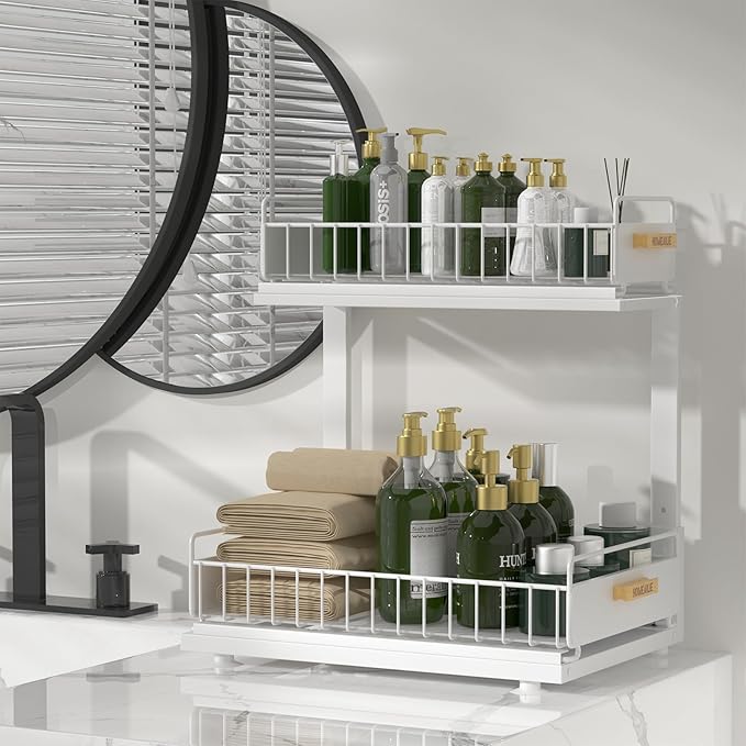 Under Sink Organizer, High Adjustable 2 Tier Under Kitchen Sink Organizer, Multi-Purpose Storage Shelf for Kitchen Bathroom Cabinet, White