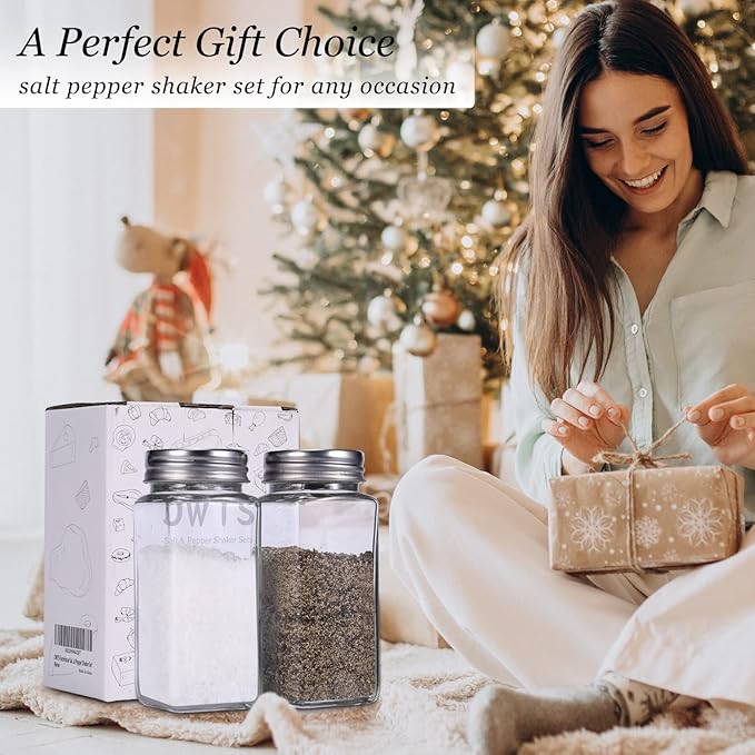 Glass Salt and Pepper Shakers Set Large,DWTS DANWEITESI Farmhouse Salt and Pepper Shakers Cute with Stainless Steel Lid-Large Spice Jars,Clear to Know When to Fill,Cute Farmhouse Kitchen
