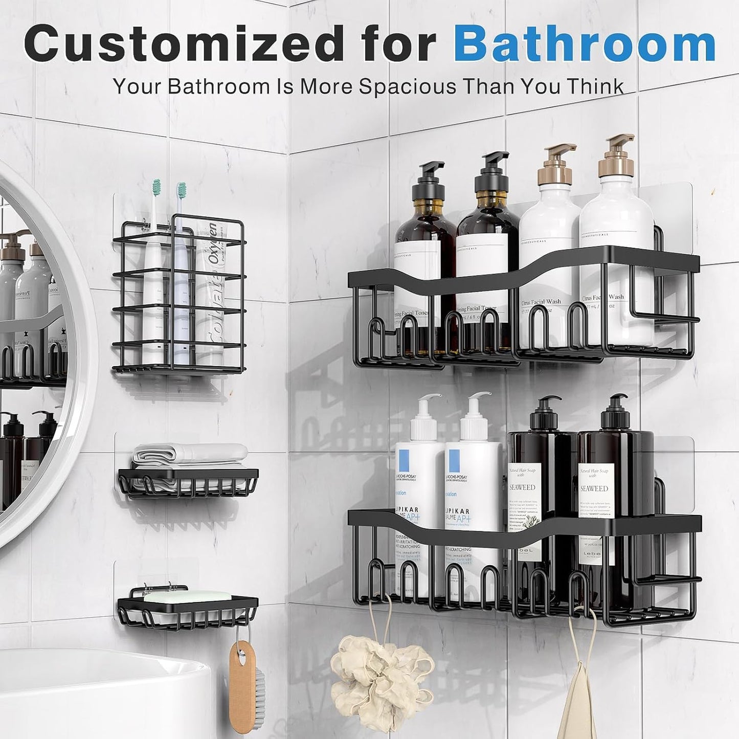 Adhesive Shower Caddy, 5 Pack Rustproof Stainless Steel Bath Organizers With Large Capacity, No Drilling Shelves for Bathroom Storage & Home Decor-XL Size