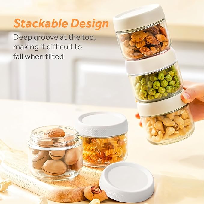 4 Pack Glass Clear Storage Canister with Airtight Lid, 12oz Overnight Oats Containers, Small Cute Decorative Pantry Jar for Snacks, Yogurt, Cereal, Fruit, Salad, Spice, Sugar, Coffee - White