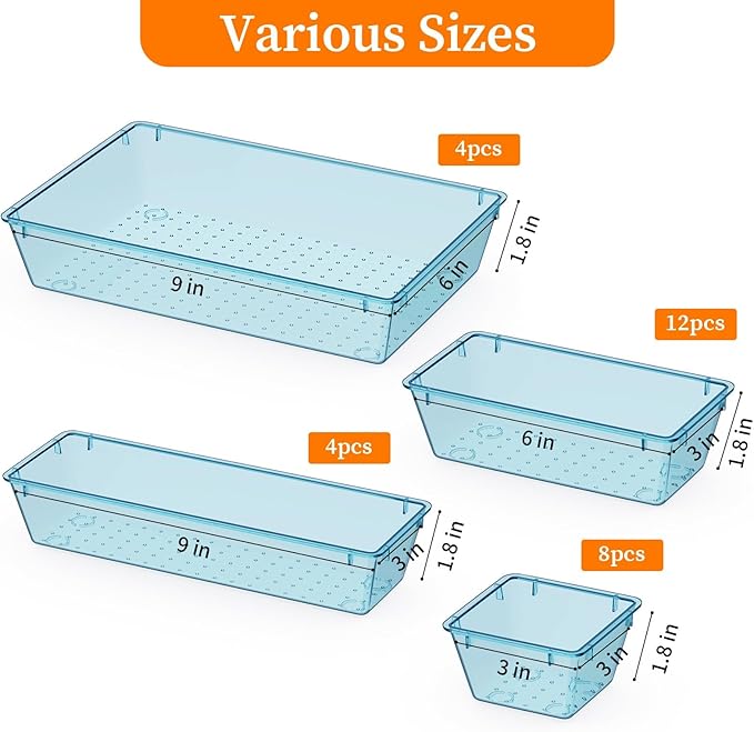 32 PCS Clear Plastic Drawer Organizer Set, 4-Size vanity organizer Trays and Storage Bins for Makeup, Jewelry and Gadgets in Bedroom, Bathroom and Office, Clear Sea Blue