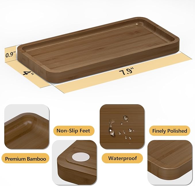 Weenson Small Bathroom Vanity Tray for Countertop Makeup Perfume Jewelry Decor Candle Keys, Bamboo Kitchen Tray for Soap Dispenser Spice, Small Toilet Tray for Sink 7.9" L x 4" W x 0.79" H Brown
