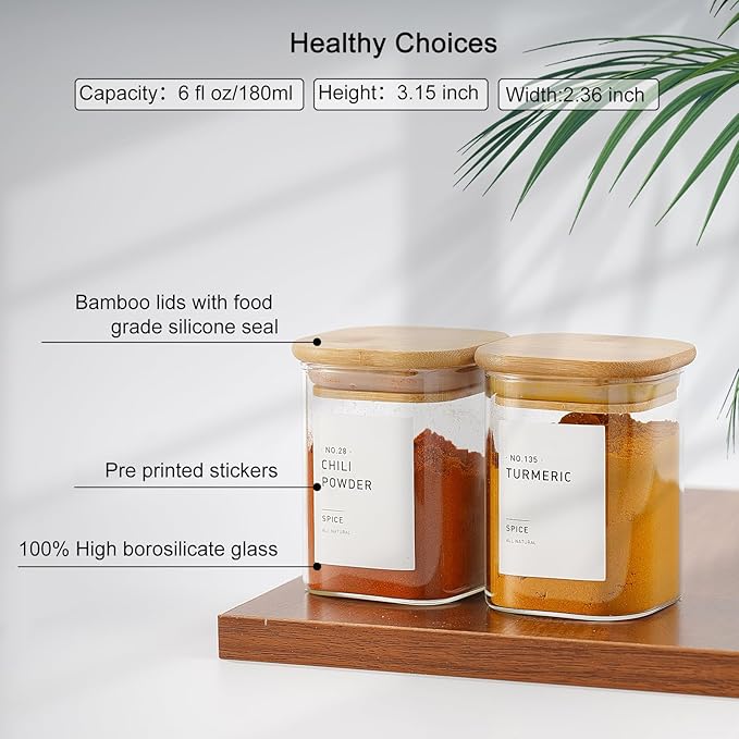 12Pcs Glass Spice Jars with Bamboo Airtight Lids, 6oz Spice Containers with 340 Preprinted Spice Labels of White and Black Color, Empty Seasoning Containers for Spice Salt Sugar Herb