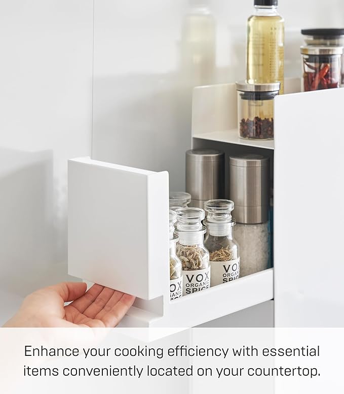 YAMAZAKI Home Tower Two Tier Seasoning Condiments Spice Rack With Drawer, Kitchen Food Storage Container - Steel