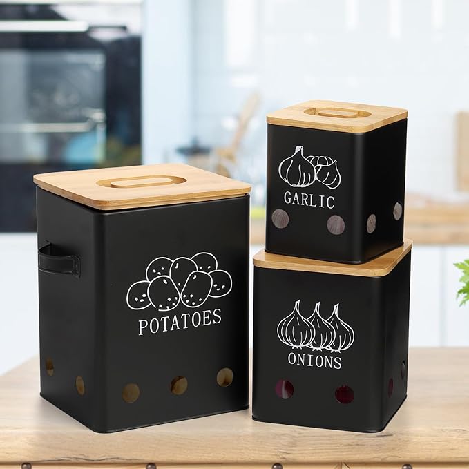 WUWEOT 3 Pack Vegetable Storage Tins, Potato Onion Garlic Storage Canister, Black Metal Vegetable Fresh Keeper Caddy, Kitchen Pantry Organizer Jars with Bamboo Lid and Aerating Holes
