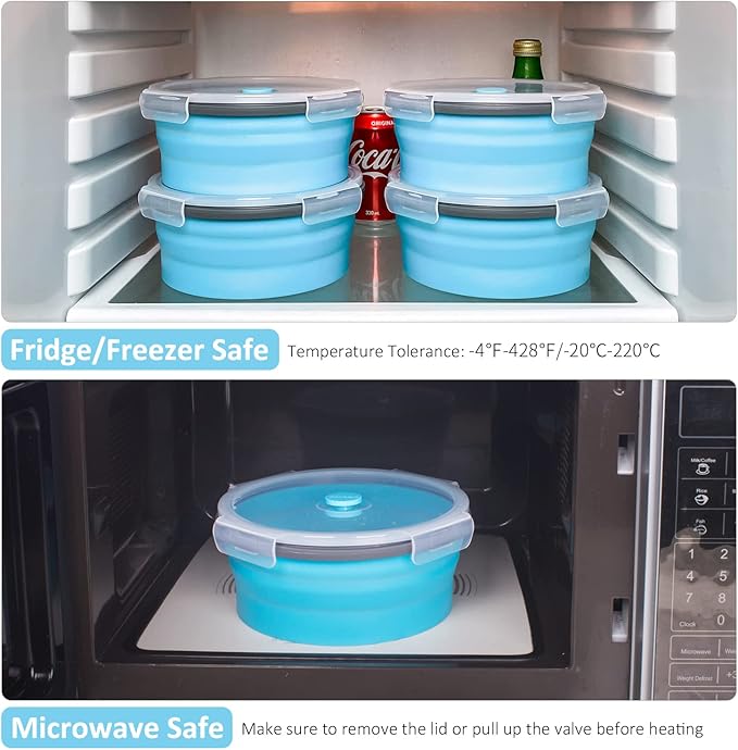 Collapsible Food Storage Containers with Airtight Lid & Vent, 40.5 oz, Kitchen Stacking Silicone Collapsible Meal Container Set for Leftover, Microwave Freezer Dishwasher Safe, Blue Round, Set of 4