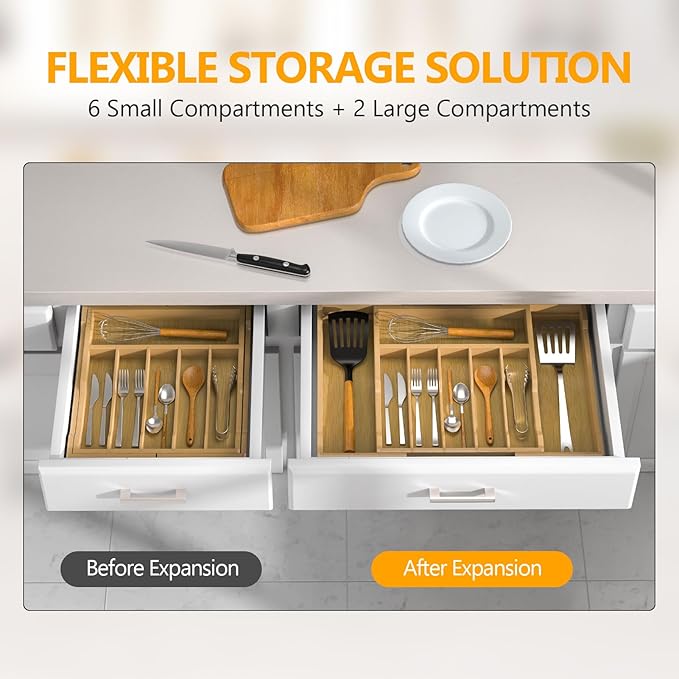Bamboo Kitchen Drawer Organizer, 13" to 23" Expandable Utensils Organizer and Cutlery Tray Holder, Drawer Divider for Silverware, Flatware