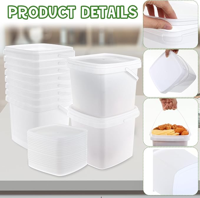 Mifoci 24 Pcs Plastic Food Containers Ice Cream Buckets with Lids and Handle Reusable Square Deli Containers Freezer and Microwave Safe for Kitchen Food Drinks Storage(169 Oz / 4.4 Qt / 1.3 Gallon)
