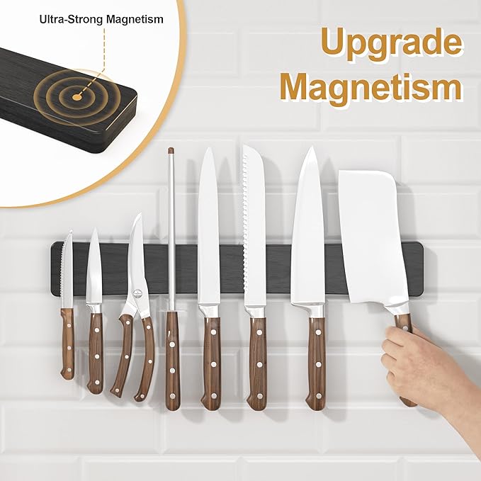 Magnetic Knife Holder for Wall, 16" Acacia Wood No Drill Knife Magnet Strip Use as Tool Key Storage Knife Bar, Powerful Wall Mounted Magnetic Knife Rack for Refrigerator & Kitchen Utensil Organizer