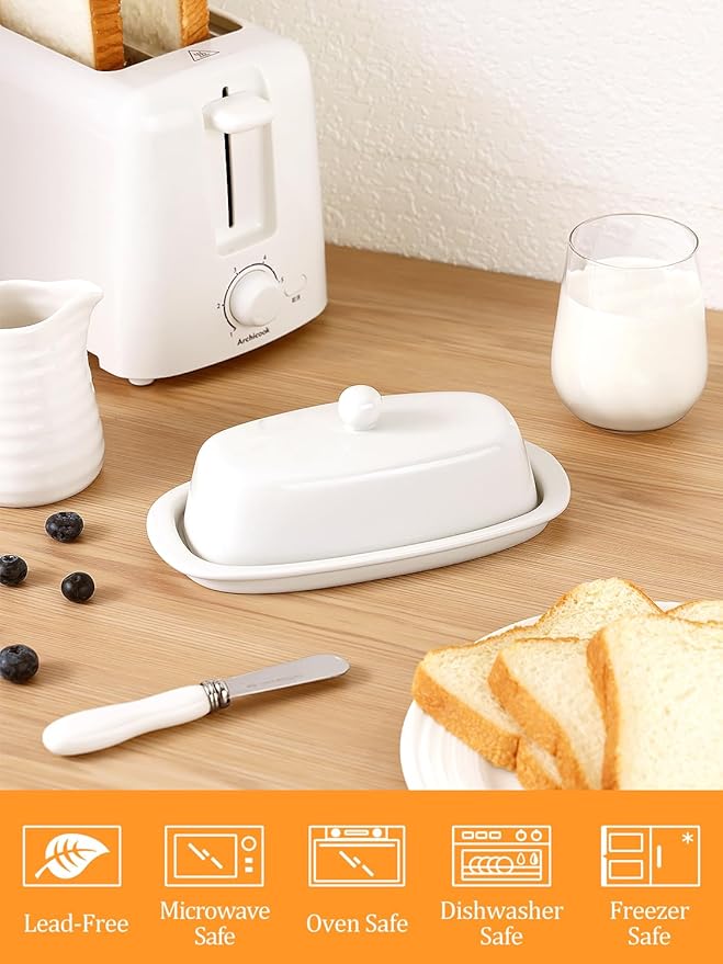 Yedio Ceramic Butter Dish with Lid and Knife for Countertop Refrigerator, 8 Inch White Butter Holder with Porcelain Cover Knob Handle for East West Coast Butter Stick
