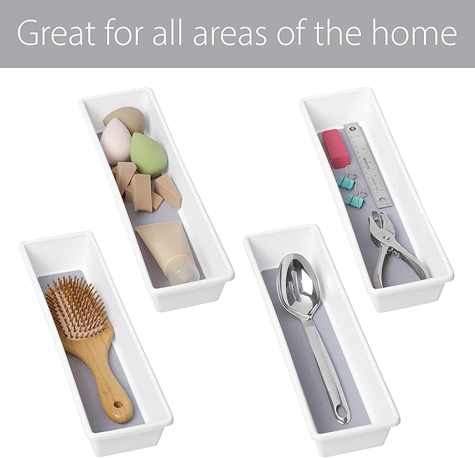 Smart Design Plastic Drawer Organizer - Set of 3-13 x 3.75 Inch – Non-Slip Lining and Feet - BPA Free – Utensils, Flatware, Personal Care, or Makeup Storage - Kitchen - White with Gray