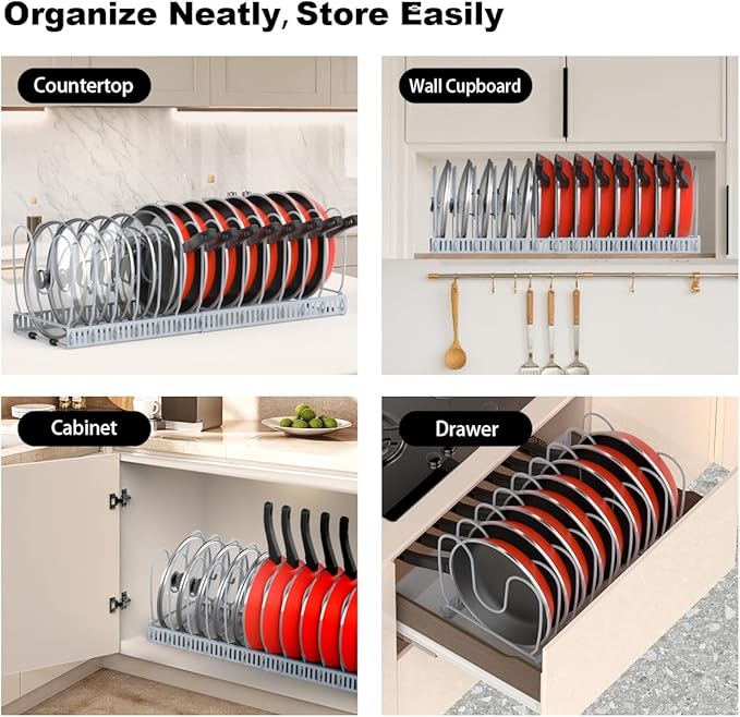 Pot and Pan Organizer Rack for Cabinet, Upgraded Expandable Pot Lid Organizer with 14 Adjustable Dividers, Pan Holder Storage Rack for Kitchen Cabinet, Grey