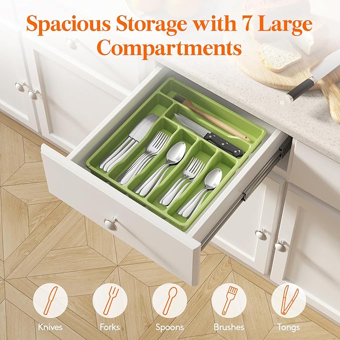 Lifewit Silverware Drawer Organizer Tray, Plastic Cutlery Storage for Kitchen Drawer, Flatware and Utensil Holder Divider for Spoons Forks Knives Tableware, 7 Compartment, Green